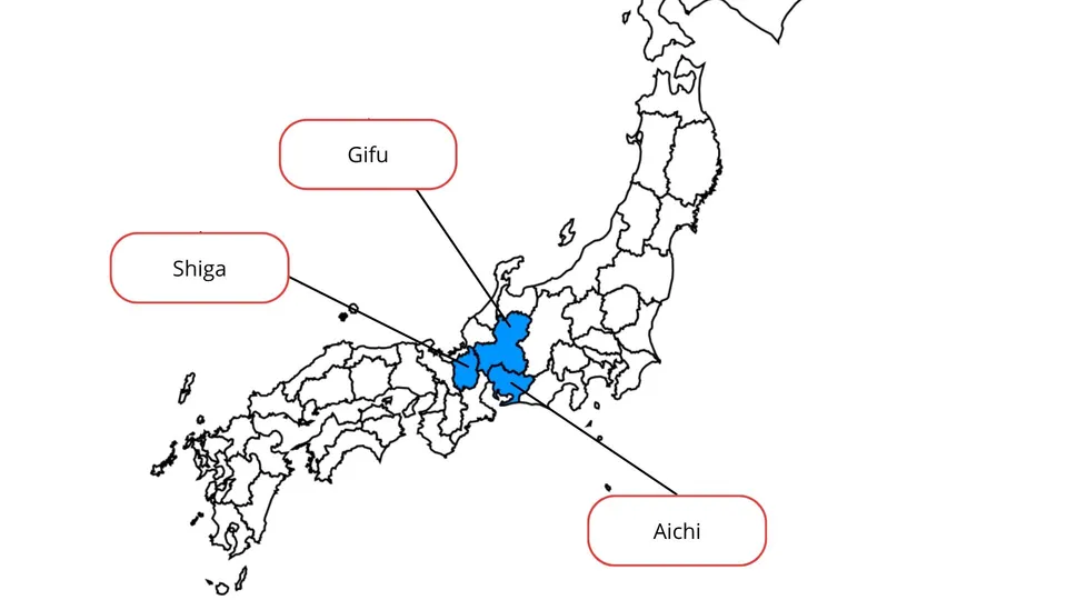 Peta lokasi penempatan: Gifu, Shiga, Aichi
